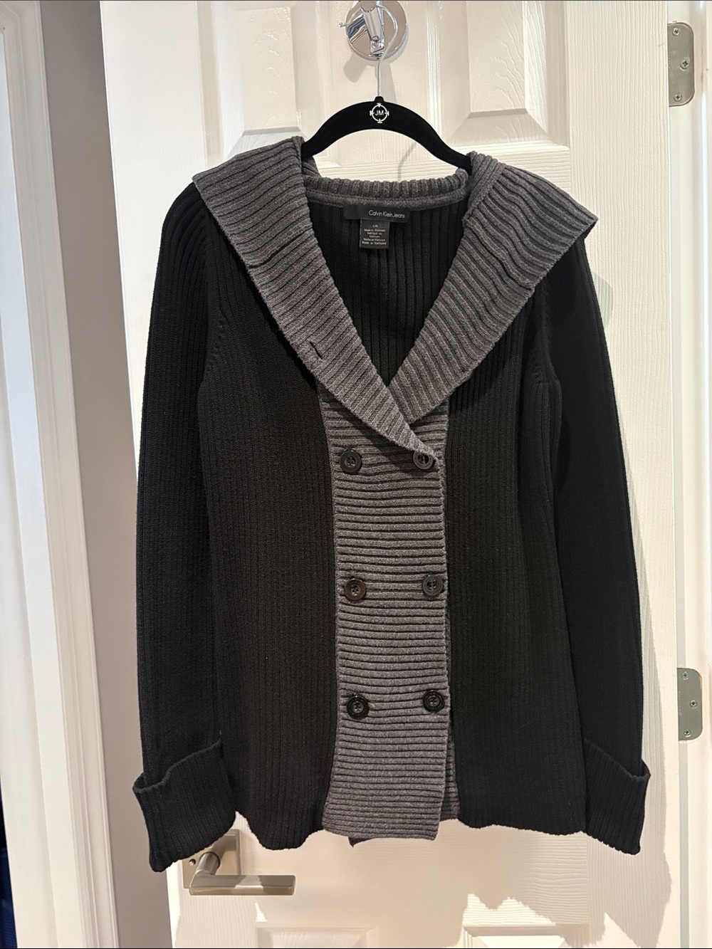 Calvin Klein Black Cardigan with Gray Ribbed Shawl Collar